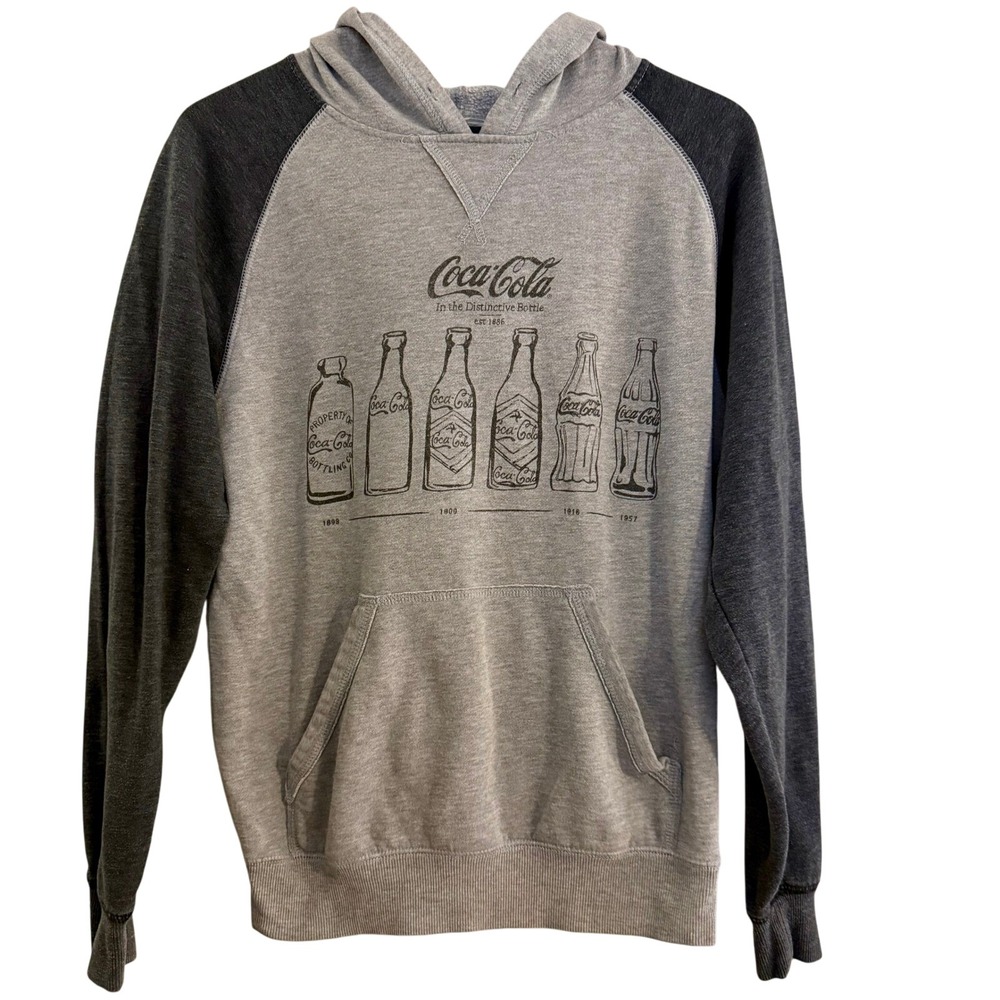 Coca Cola Graphic Hoodie Sweatshirt Men's Gray Raglan Sleeve Pullover Casual